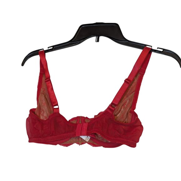 VINTAGE Victorias Secret 34C Red Lace Sheer Balconette Unlined Bra - Picture 2 of 3